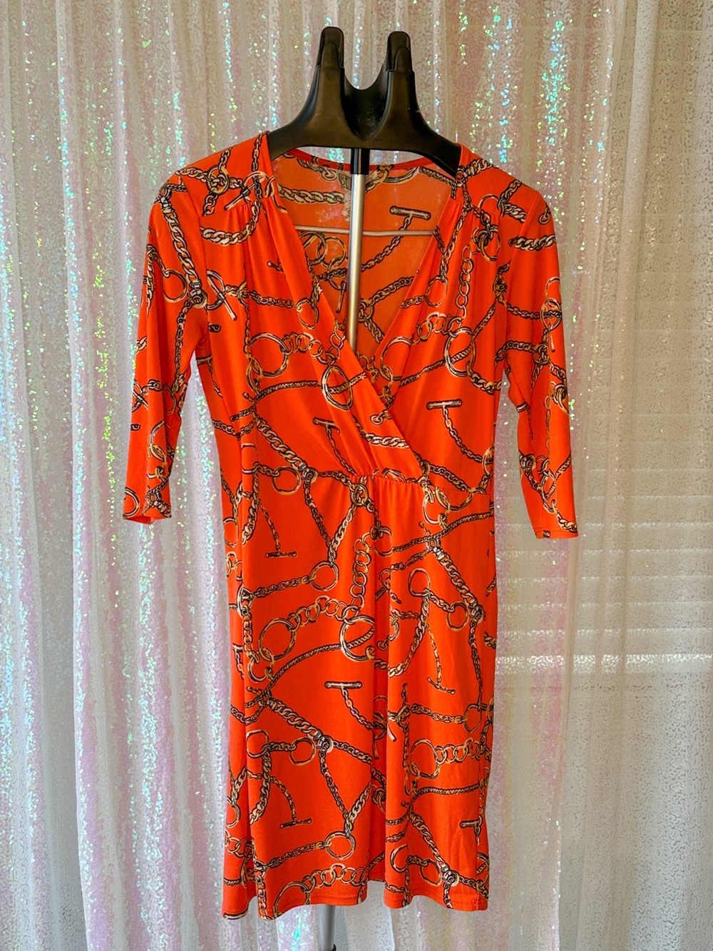 Chain-Print Orange Faux Wrap Bethany Dress Size Small